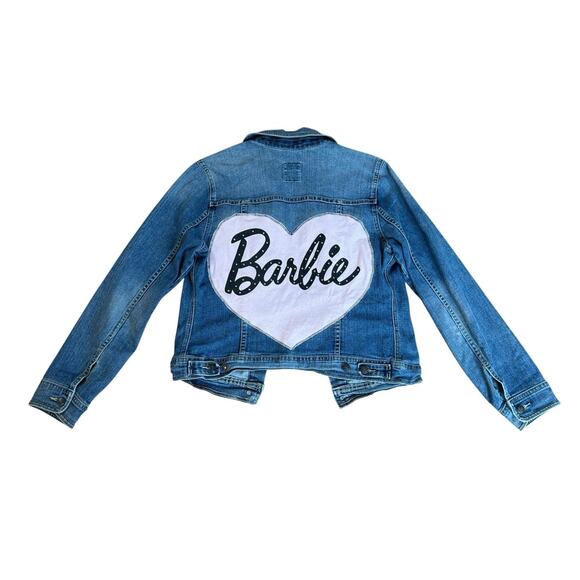 BARBIE Pink Heart Rhinestone Reworked Denim Jacket Upcycled Retro Size Large - Picture 6 of 9